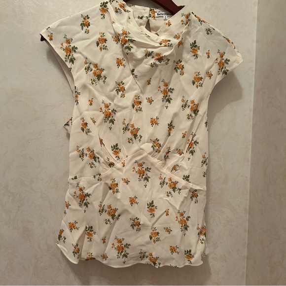 Reformation Size 8 Bettie Floral Cap Sleeve Mock Neck Top Yellow Cream - Picture 5 of 9